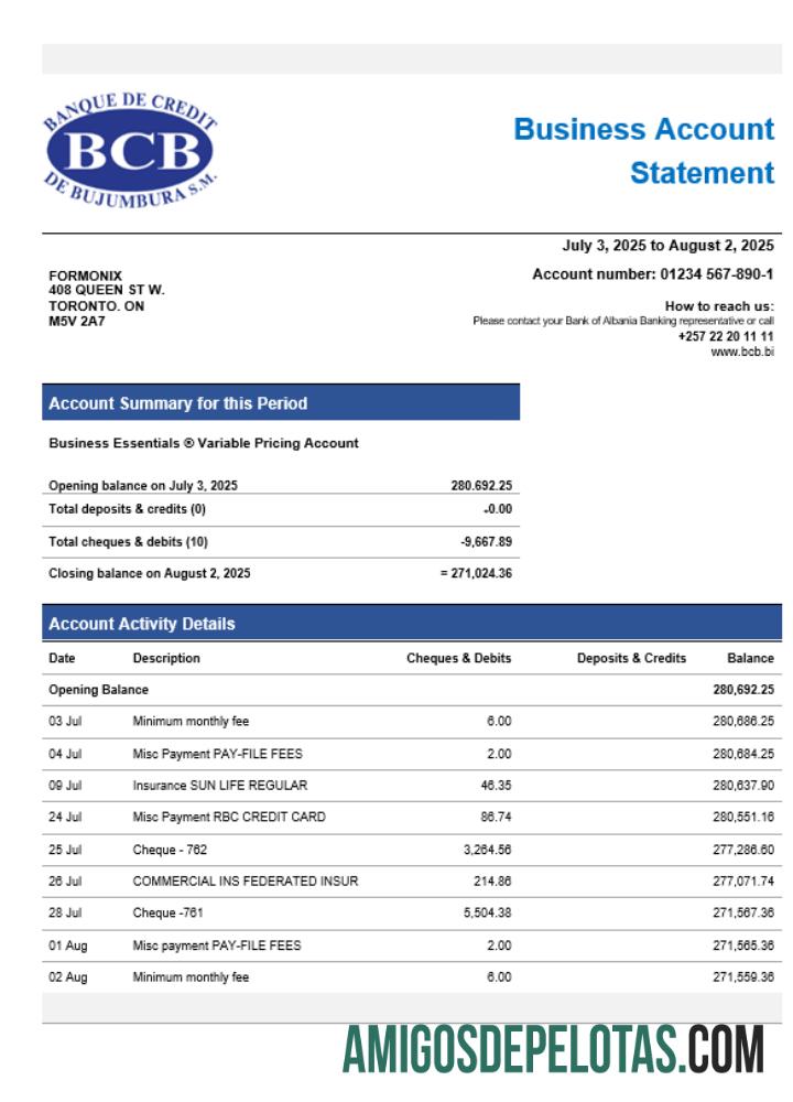 Imprimível Credit Bank Of Bujumbura Enterprise modelo de extrato de conta Word e PDF